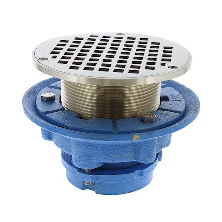 Jones Stephens 2in No Caulk Mechanical Joint Code Blue Floor Drain, 7in Pan, 6in Nickel Bronze Round Strainer D65503
